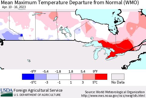 Canada Mean Maximum Temperature Departure from Normal (WMO) Thematic Map For 4/10/2023 - 4/16/2023