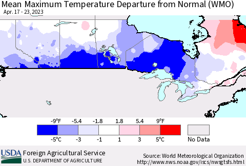 Canada Mean Maximum Temperature Departure from Normal (WMO) Thematic Map For 4/17/2023 - 4/23/2023