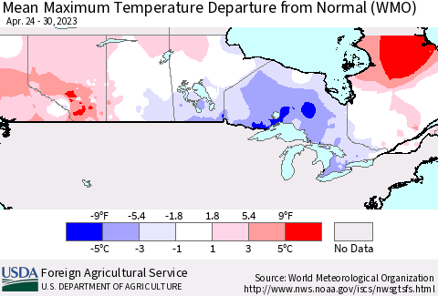 Canada Mean Maximum Temperature Departure from Normal (WMO) Thematic Map For 4/24/2023 - 4/30/2023