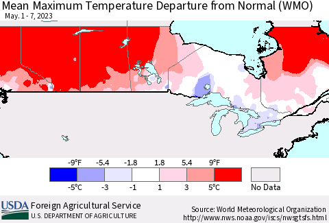 Canada Mean Maximum Temperature Departure from Normal (WMO) Thematic Map For 5/1/2023 - 5/7/2023