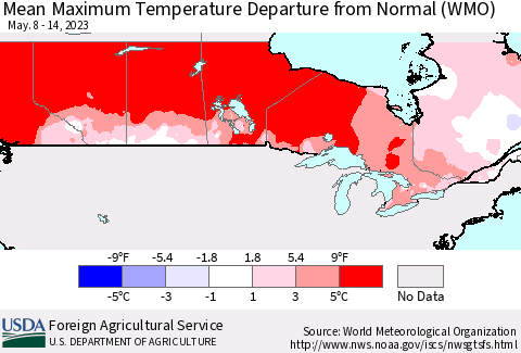 Canada Mean Maximum Temperature Departure from Normal (WMO) Thematic Map For 5/8/2023 - 5/14/2023