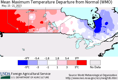 Canada Mean Maximum Temperature Departure from Normal (WMO) Thematic Map For 5/15/2023 - 5/21/2023