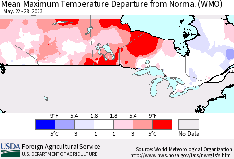 Canada Mean Maximum Temperature Departure from Normal (WMO) Thematic Map For 5/22/2023 - 5/28/2023
