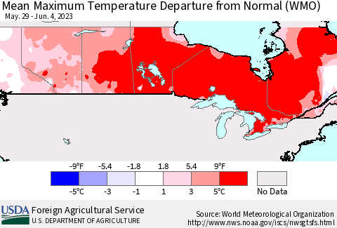 Canada Mean Maximum Temperature Departure from Normal (WMO) Thematic Map For 5/29/2023 - 6/4/2023