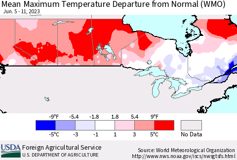 Canada Mean Maximum Temperature Departure from Normal (WMO) Thematic Map For 6/5/2023 - 6/11/2023