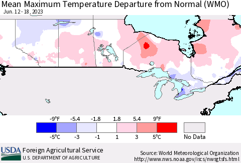Canada Mean Maximum Temperature Departure from Normal (WMO) Thematic Map For 6/12/2023 - 6/18/2023
