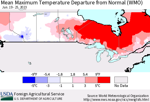 Canada Mean Maximum Temperature Departure from Normal (WMO) Thematic Map For 6/19/2023 - 6/25/2023