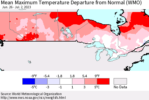Canada Mean Maximum Temperature Departure from Normal (WMO) Thematic Map For 6/26/2023 - 7/2/2023