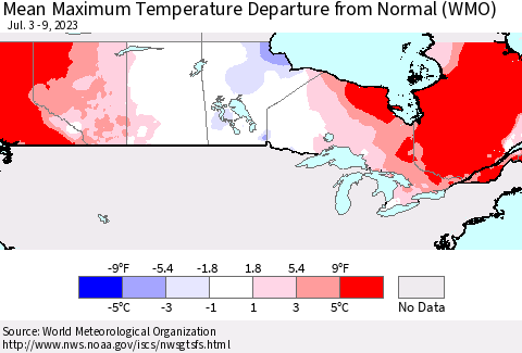 Canada Mean Maximum Temperature Departure from Normal (WMO) Thematic Map For 7/3/2023 - 7/9/2023