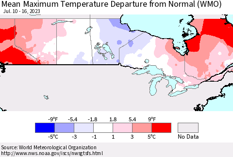 Canada Mean Maximum Temperature Departure from Normal (WMO) Thematic Map For 7/10/2023 - 7/16/2023