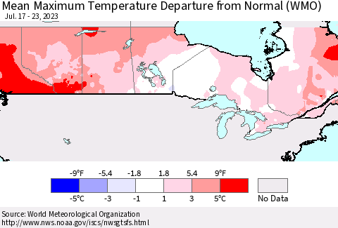 Canada Mean Maximum Temperature Departure from Normal (WMO) Thematic Map For 7/17/2023 - 7/23/2023