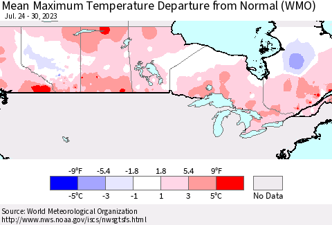 Canada Mean Maximum Temperature Departure from Normal (WMO) Thematic Map For 7/24/2023 - 7/30/2023