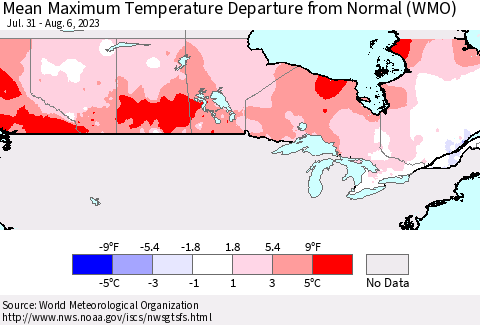 Canada Mean Maximum Temperature Departure from Normal (WMO) Thematic Map For 7/31/2023 - 8/6/2023