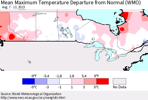 Canada Mean Maximum Temperature Departure from Normal (WMO) Thematic Map For 8/7/2023 - 8/13/2023