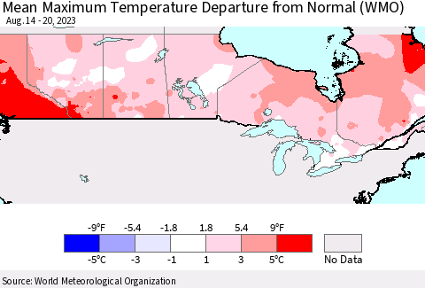 Canada Mean Maximum Temperature Departure from Normal (WMO) Thematic Map For 8/14/2023 - 8/20/2023