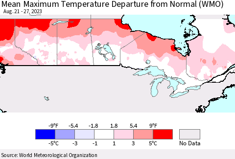 Canada Mean Maximum Temperature Departure from Normal (WMO) Thematic Map For 8/21/2023 - 8/27/2023