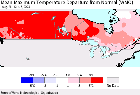 Canada Mean Maximum Temperature Departure from Normal (WMO) Thematic Map For 8/28/2023 - 9/3/2023