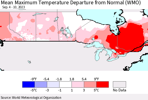 Canada Mean Maximum Temperature Departure from Normal (WMO) Thematic Map For 9/4/2023 - 9/10/2023