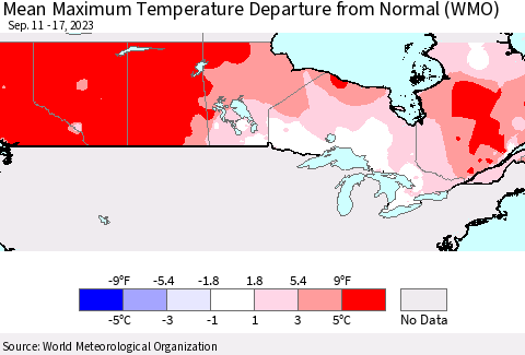Canada Mean Maximum Temperature Departure from Normal (WMO) Thematic Map For 9/11/2023 - 9/17/2023