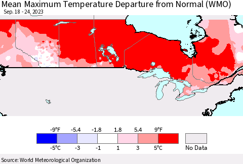Canada Mean Maximum Temperature Departure from Normal (WMO) Thematic Map For 9/18/2023 - 9/24/2023