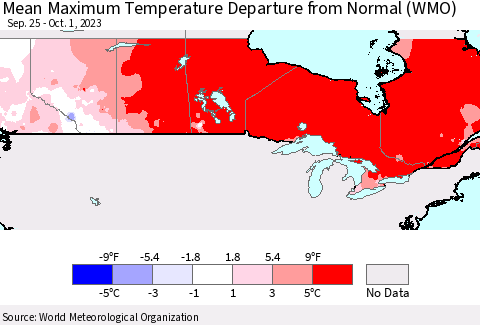 Canada Mean Maximum Temperature Departure from Normal (WMO) Thematic Map For 9/25/2023 - 10/1/2023