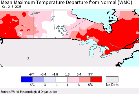 Canada Mean Maximum Temperature Departure from Normal (WMO) Thematic Map For 10/2/2023 - 10/8/2023