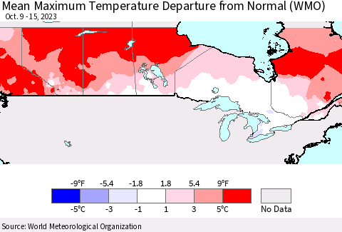 Canada Mean Maximum Temperature Departure from Normal (WMO) Thematic Map For 10/9/2023 - 10/15/2023