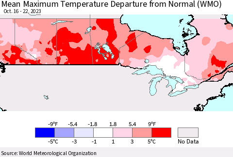 Canada Mean Maximum Temperature Departure from Normal (WMO) Thematic Map For 10/16/2023 - 10/22/2023