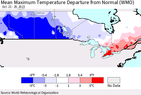 Canada Mean Maximum Temperature Departure from Normal (WMO) Thematic Map For 10/23/2023 - 10/29/2023