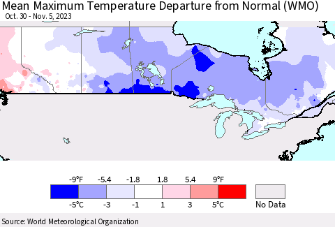 Canada Mean Maximum Temperature Departure from Normal (WMO) Thematic Map For 10/30/2023 - 11/5/2023