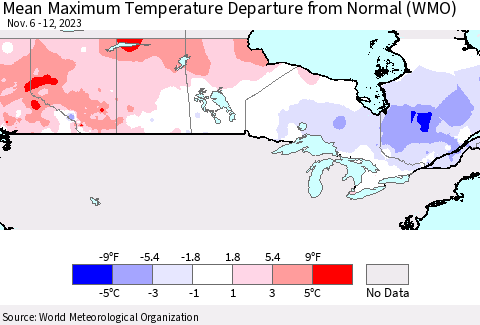 Canada Mean Maximum Temperature Departure from Normal (WMO) Thematic Map For 11/6/2023 - 11/12/2023