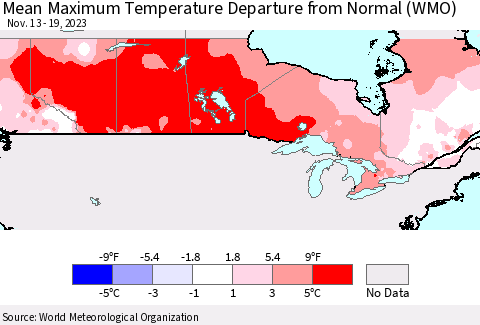 Canada Mean Maximum Temperature Departure from Normal (WMO) Thematic Map For 11/13/2023 - 11/19/2023