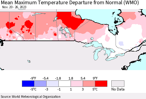 Canada Mean Maximum Temperature Departure from Normal (WMO) Thematic Map For 11/20/2023 - 11/26/2023