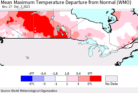 Canada Mean Maximum Temperature Departure from Normal (WMO) Thematic Map For 11/27/2023 - 12/3/2023
