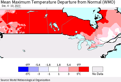 Canada Mean Maximum Temperature Departure from Normal (WMO) Thematic Map For 12/4/2023 - 12/10/2023