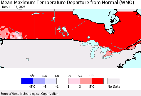 Canada Mean Maximum Temperature Departure from Normal (WMO) Thematic Map For 12/11/2023 - 12/17/2023