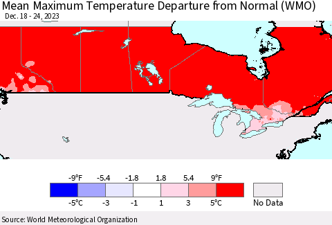 Canada Mean Maximum Temperature Departure from Normal (WMO) Thematic Map For 12/18/2023 - 12/24/2023