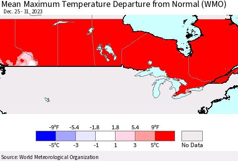 Canada Mean Maximum Temperature Departure from Normal (WMO) Thematic Map For 12/25/2023 - 12/31/2023