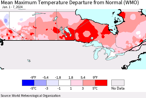 Canada Mean Maximum Temperature Departure from Normal (WMO) Thematic Map For 1/1/2024 - 1/7/2024