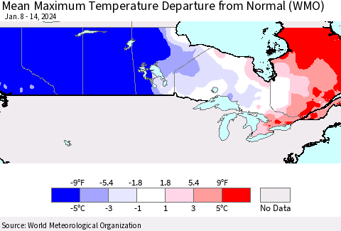 Canada Mean Maximum Temperature Departure from Normal (WMO) Thematic Map For 1/8/2024 - 1/14/2024