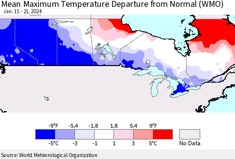 Canada Mean Maximum Temperature Departure from Normal (WMO) Thematic Map For 1/15/2024 - 1/21/2024