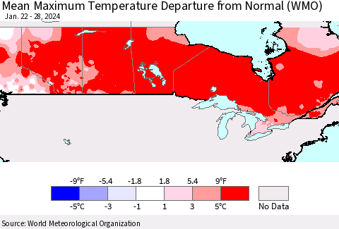 Canada Mean Maximum Temperature Departure from Normal (WMO) Thematic Map For 1/22/2024 - 1/28/2024