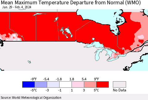 Canada Mean Maximum Temperature Departure from Normal (WMO) Thematic Map For 1/29/2024 - 2/4/2024