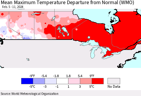 Canada Mean Maximum Temperature Departure from Normal (WMO) Thematic Map For 2/5/2024 - 2/11/2024
