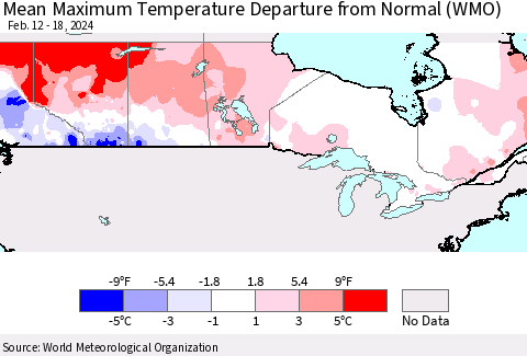 Canada Mean Maximum Temperature Departure from Normal (WMO) Thematic Map For 2/12/2024 - 2/18/2024