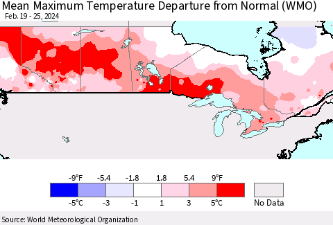 Canada Mean Maximum Temperature Departure from Normal (WMO) Thematic Map For 2/19/2024 - 2/25/2024