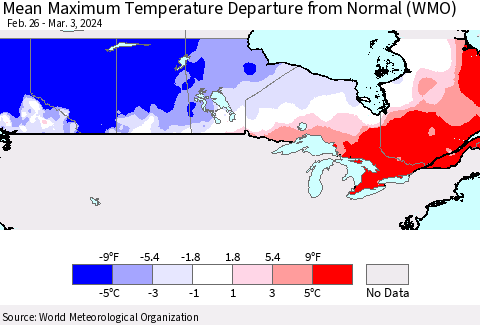Canada Mean Maximum Temperature Departure from Normal (WMO) Thematic Map For 2/26/2024 - 3/3/2024