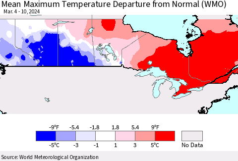 Canada Mean Maximum Temperature Departure from Normal (WMO) Thematic Map For 3/4/2024 - 3/10/2024
