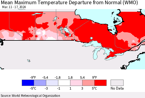 Canada Mean Maximum Temperature Departure from Normal (WMO) Thematic Map For 3/11/2024 - 3/17/2024