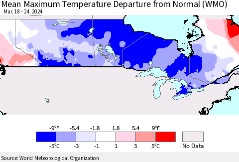 Canada Mean Maximum Temperature Departure from Normal (WMO) Thematic Map For 3/18/2024 - 3/24/2024